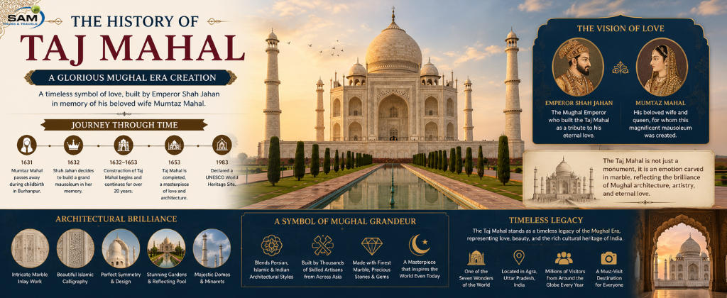 The History of the Taj Mahal – magnificent Mughal-era monument built by Emperor Shah Jahan in memory of Mumtaz Mahal in Agra, India.