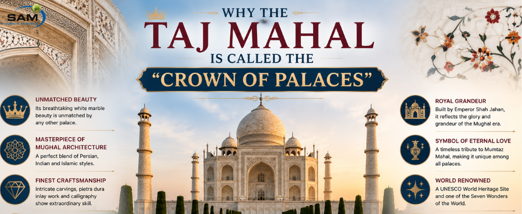 The Taj Mahal, the “Crown of Palaces,” showcasing magnificent Mughal architecture and timeless beauty in Agra, India.