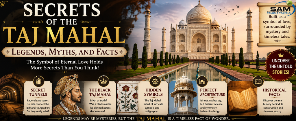 "Secrets of the Taj Mahal featuring legends, myths, hidden symbols, and historical facts."