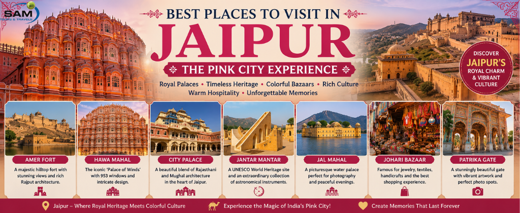 "Iconic Jaipur attractions including Hawa Mahal, Amber Fort, City Palace, Jal Mahal, Jantar Mantar, Johari Bazaar, and Patrika Gate showcasing the royal heritage and vibrant culture of the Pink City."