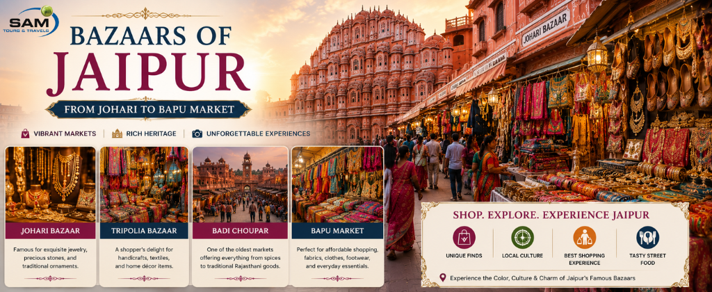 Bustling Jaipur markets showcasing Johari Bazaar, Bapu Market, traditional jewelry, textiles, and handicrafts.