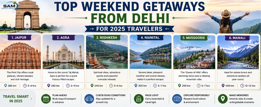 Top weekend getaways from Delhi featuring Jaipur, Agra, Rishikesh, Nainital, Mussoorie, and Manali for an unforgettable short vacation.