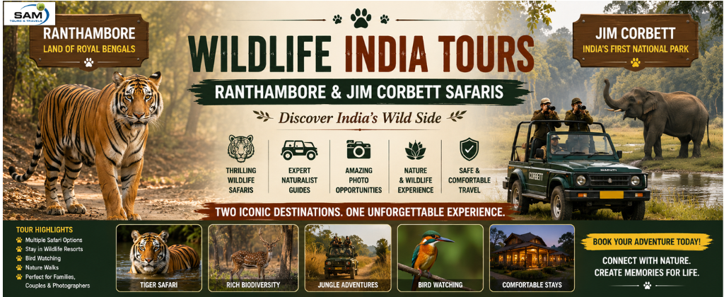 "Royal Bengal tiger and safari jeep in Ranthambore and Jim Corbett National Parks showcasing thrilling wildlife safaris and nature tours in India."