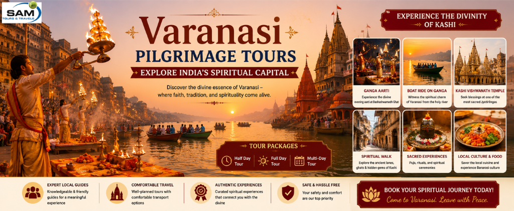 Varanasi Pilgrimage Tour featuring the sacred Ganga Aarti, Kashi Vishwanath Temple, and the spiritual ghats along the River Ganges.