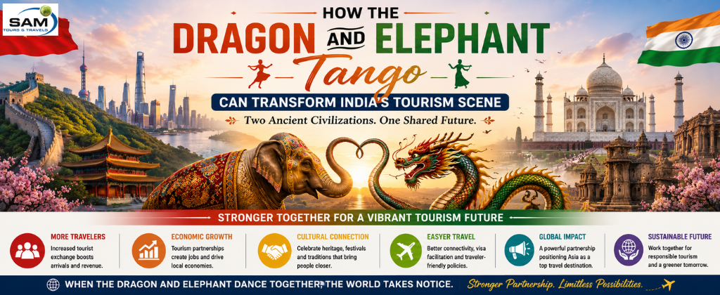 "Illustration of an Indian elephant and a Chinese dragon symbolizing tourism collaboration, with iconic landmarks representing how stronger India–China ties can transform India's tourism industry."