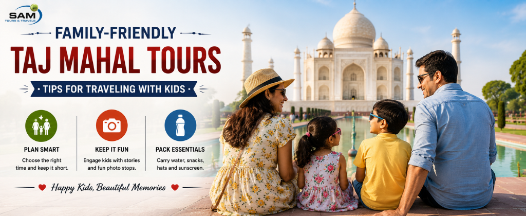 "Happy family visiting the Taj Mahal with children, enjoying a family-friendly sightseeing tour in Agra with simple travel tips for parents traveling with kids."