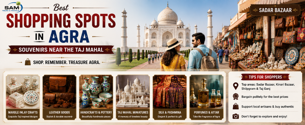"Tourists exploring vibrant souvenir markets near the Taj Mahal in Agra, featuring marble handicrafts, leather goods, miniature Taj Mahal replicas, textiles, and traditional local crafts."