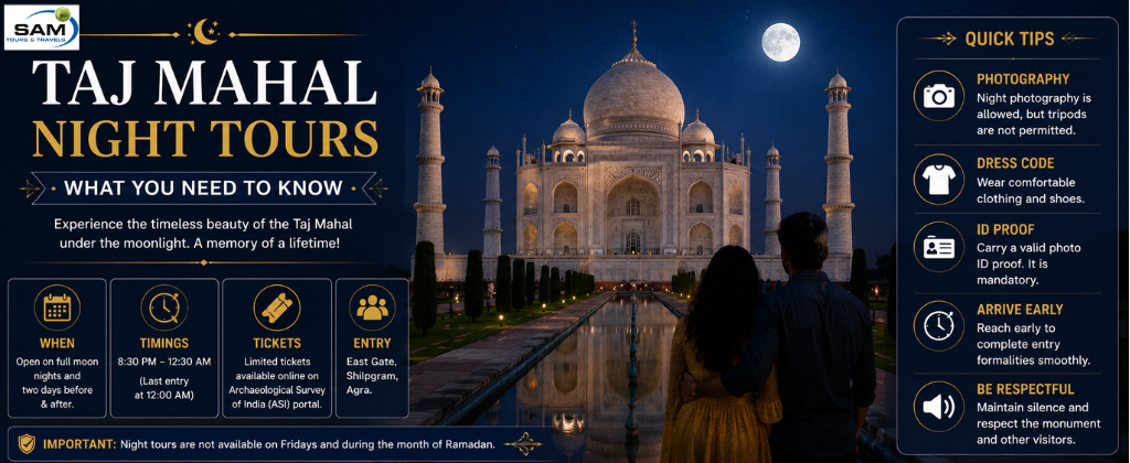 "The Taj Mahal illuminated under a full moon with visitors enjoying a magical night tour, showcasing the beauty and essential information for visiting the monument after dark."