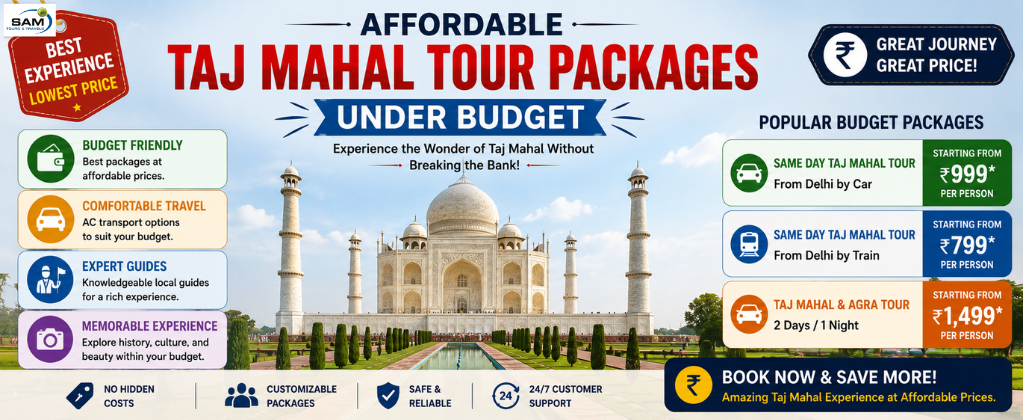 "Affordable Taj Mahal tour packages featuring budget-friendly travel options, the iconic Taj Mahal, and economical sightseeing experiences for travelers."