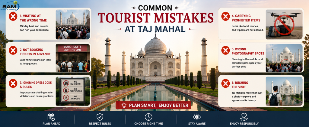 Tourists visiting the Taj Mahal with essential tips to avoid common mistakes for a smooth and memorable sightseeing experience in Agra.
