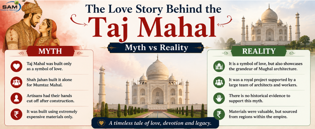 "Illustration of Shah Jahan and Mumtaz Mahal with the Taj Mahal, comparing the famous love story through myths and historical reality."