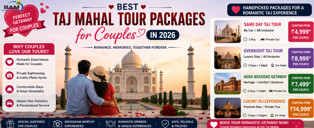 "Couple admiring the Taj Mahal at sunrise, promoting the best Taj Mahal tour packages for couples in 2026 with a romantic travel experience in Agra."